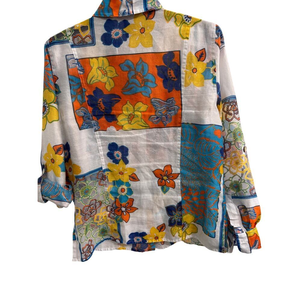 Multiples Blouse Medium Womens Floral Button Sheer Panels Roll Tab Sleeve - Picture 3 of 11